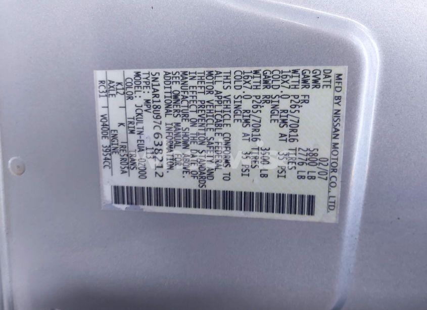 Photo 9 of 2007 Nissan Pathfinder SE (VIN 5N1AR18U97C638212)