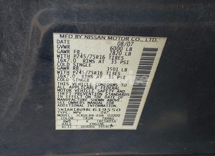 Photo 9 of 2008 Nissan Pathfinder S (VIN 5N1AR18U98C619550)