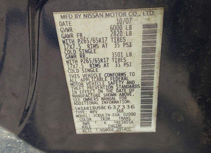 Photo 9 of 2008 Nissan Pathfinder SE (VIN 5N1AR18U98C637336)