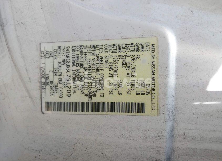 Photo 9 of 2005 Nissan Pathfinder SE (VIN 5N1AR18UX5C791209)