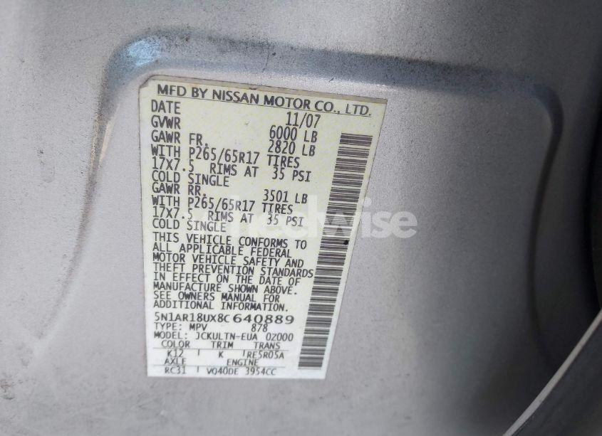 Photo 9 of 2008 Nissan Pathfinder SE (VIN 5N1AR18UX8C640889)