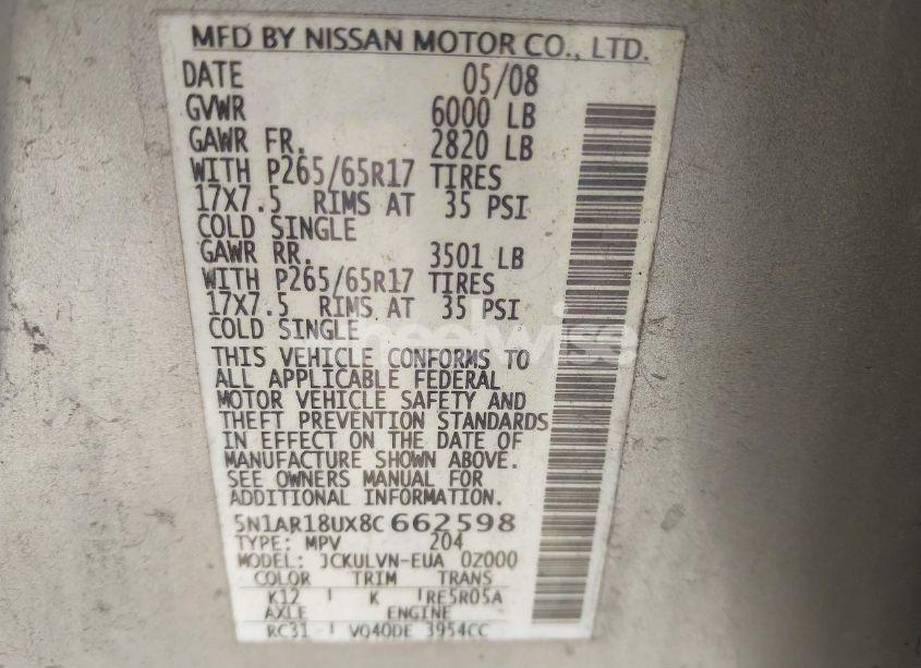 Photo 9 of 2008 Nissan Pathfinder LE (VIN 5N1AR18UX8C662598)