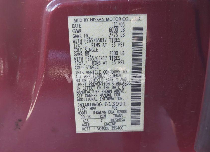 Photo 9 of 2006 Nissan Pathfinder LE (VIN 5N1AR18W06C613991)