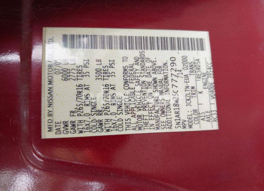 Photo 9 of 2005 Nissan Pathfinder SE (VIN 5N1AR18W25C777290)