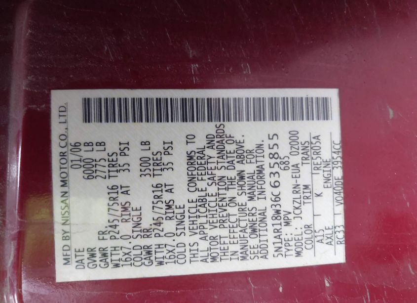 Photo 9 of 2006 Nissan Pathfinder S (VIN 5N1AR18W36C635855)