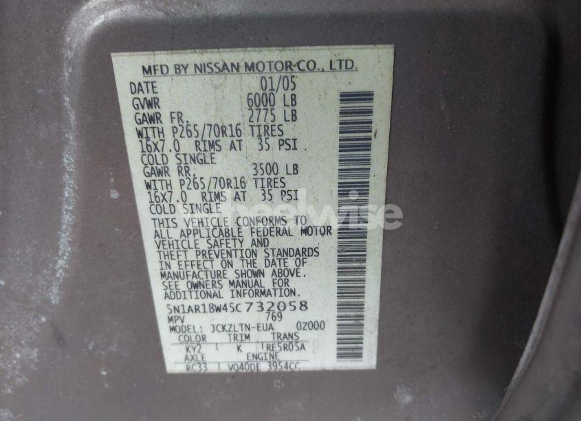 Photo 9 of 2005 Nissan Pathfinder SE (VIN 5N1AR18W45C732058)