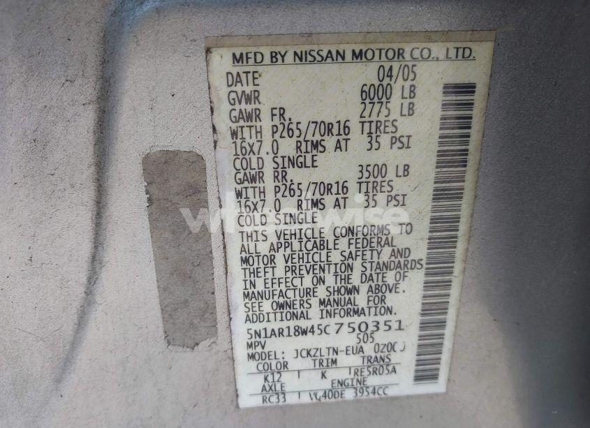 Photo 9 of 2005 Nissan Pathfinder SE (VIN 5N1AR18W45C750351)