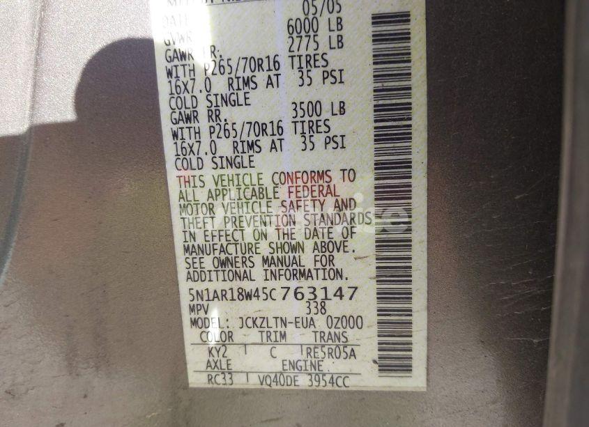 Photo 9 of 2005 Nissan Pathfinder SE (VIN 5N1AR18W45C763147)