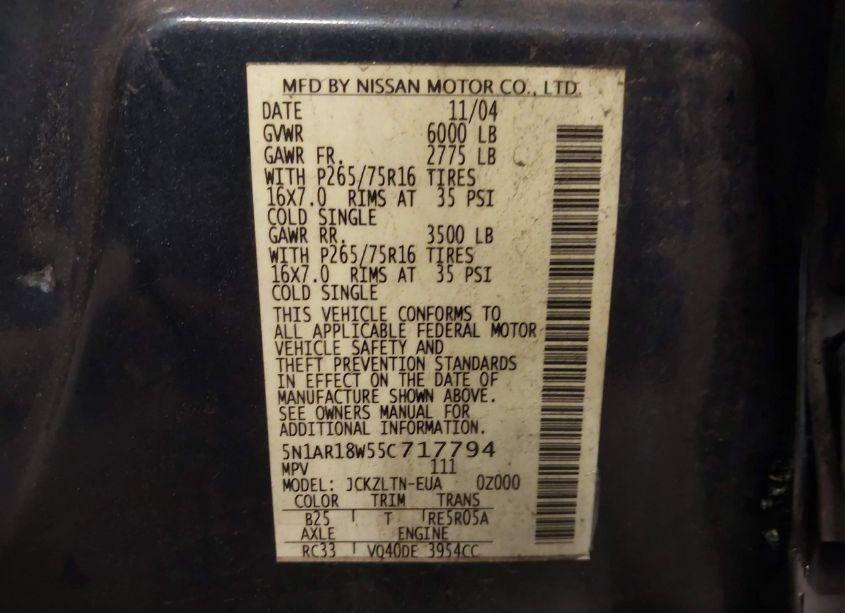 Photo 9 of 2005 Nissan Pathfinder SE OFF-ROAD (VIN 5N1AR18W55C717794)