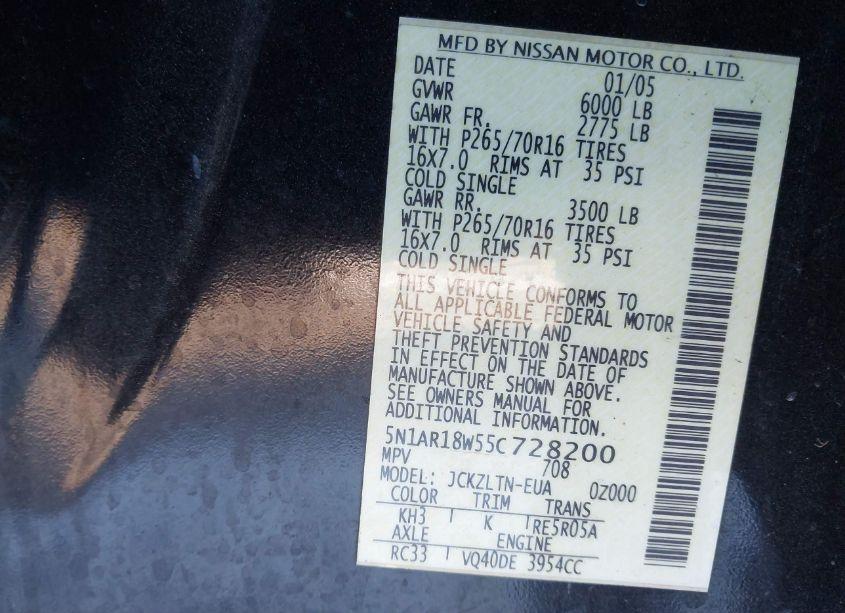 Photo 9 of 2005 Nissan Pathfinder SE (VIN 5N1AR18W55C728200)