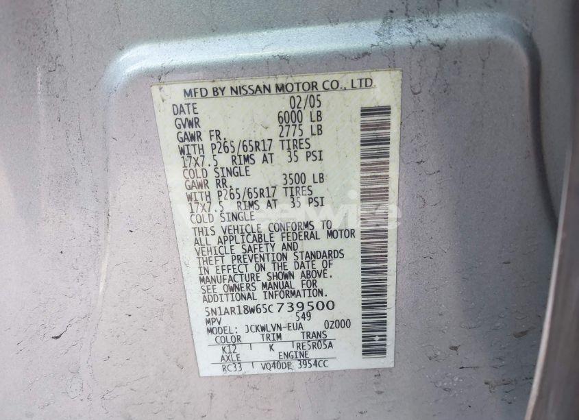 Photo 9 of 2005 Nissan Pathfinder LE (VIN 5N1AR18W65C739500)