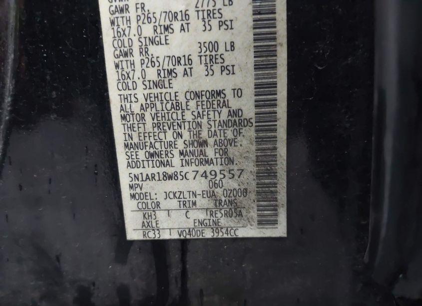 Photo 9 of 2005 Nissan Pathfinder SE (VIN 5N1AR18W85C749557)