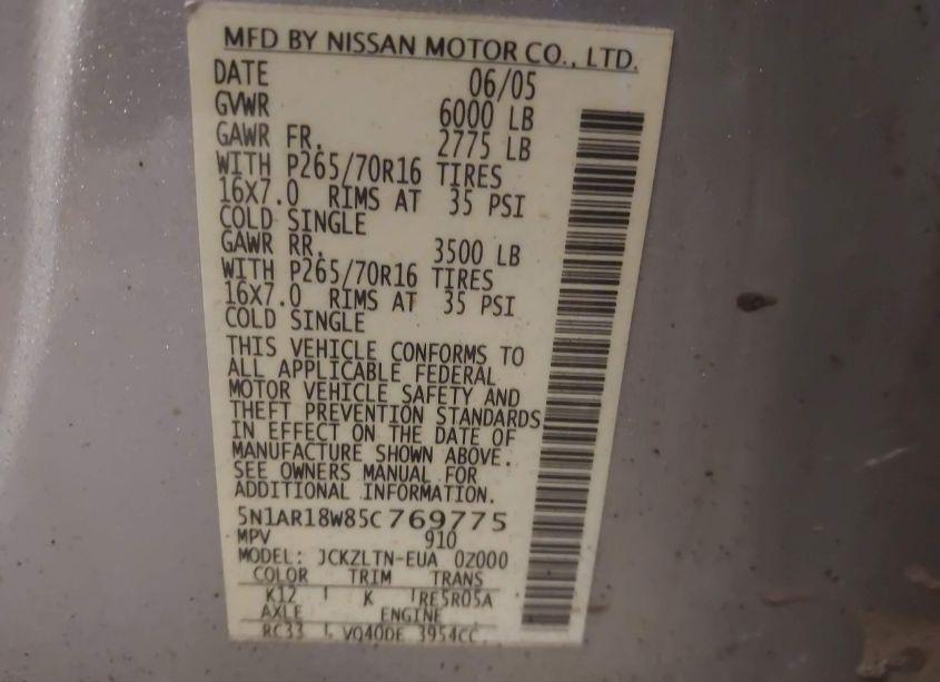 Photo 4 of 2005 Nissan Pathfinder SE (VIN 5N1AR18W85C769775)