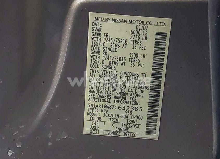 Photo 9 of 2007 Nissan Pathfinder S (VIN 5N1AR18W87C632385)