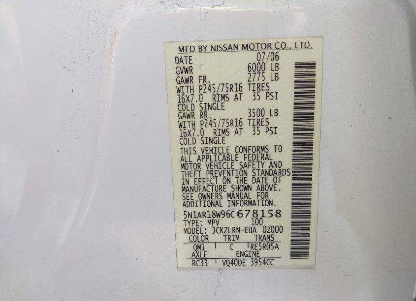 Photo 9 of 2006 Nissan Pathfinder S (VIN 5N1AR18W96C678158)