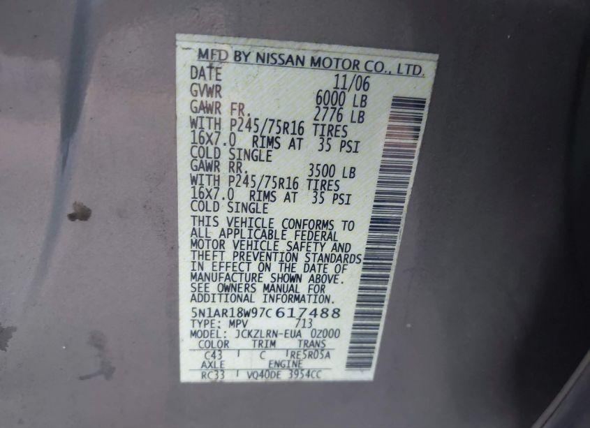 Photo 9 of 2007 Nissan Pathfinder S (VIN 5N1AR18W97C617488)