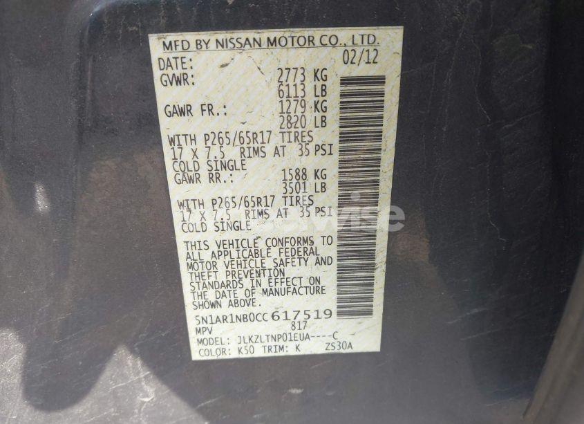 Photo 9 of 2012 Nissan Pathfinder SV (VIN 5N1AR1NB0CC617519)