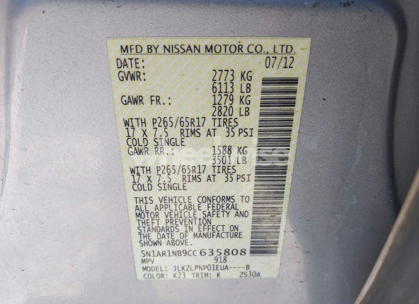 Photo 9 of 2012 Nissan Pathfinder SILVER (VIN 5N1AR1NB9CC635808)