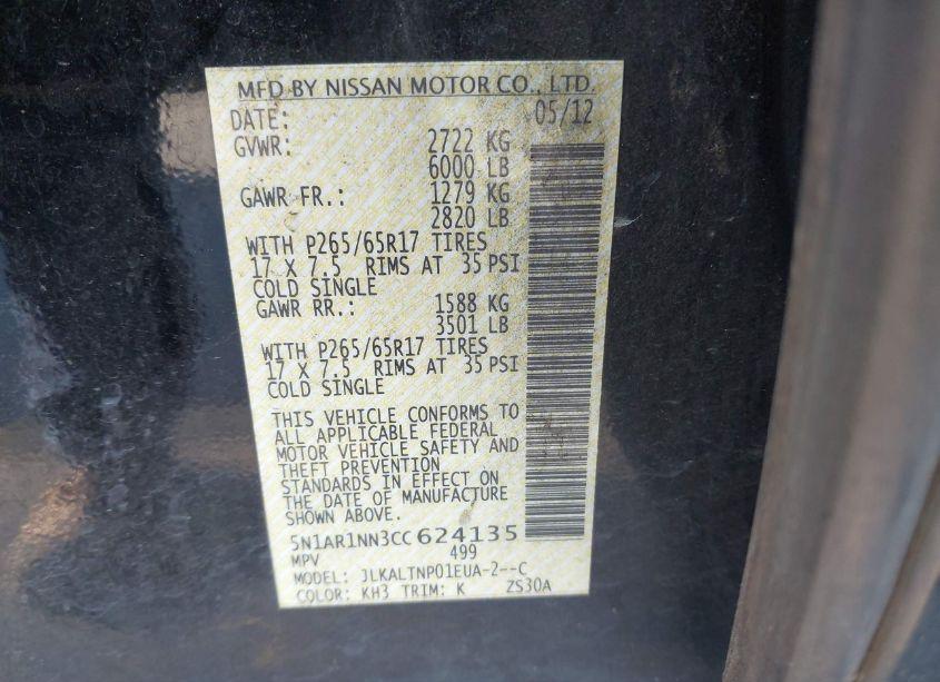 Photo 9 of 2012 Nissan Pathfinder SV (VIN 5N1AR1NN3CC624135)