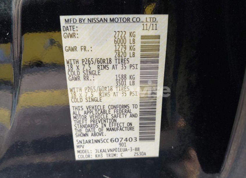 Photo 9 of 2012 Nissan Pathfinder LE (VIN 5N1AR1NN5CC607403)