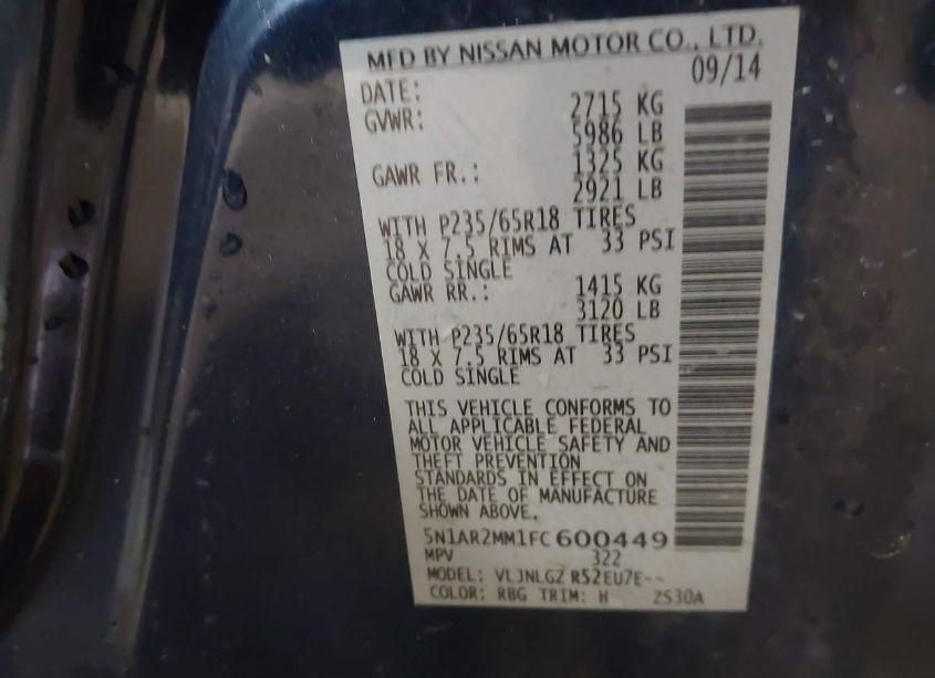 Photo 9 of 2015 Nissan Pathfinder SL (VIN 5N1AR2MM1FC600449)