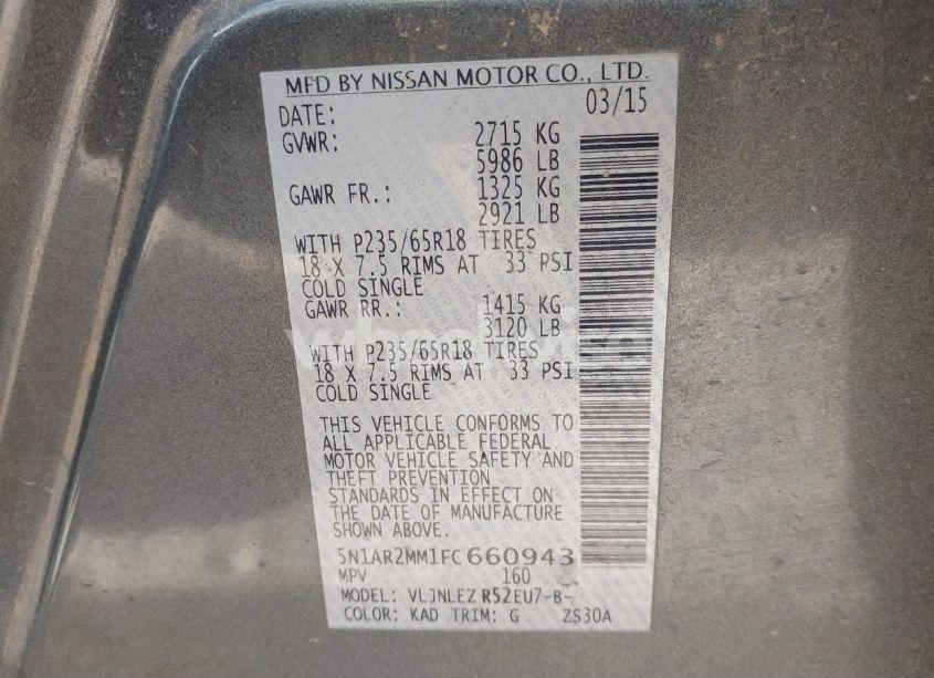 Photo 9 of 2015 Nissan Pathfinder PLATINUM/S/SL/SV (VIN 5N1AR2MM1FC660943)