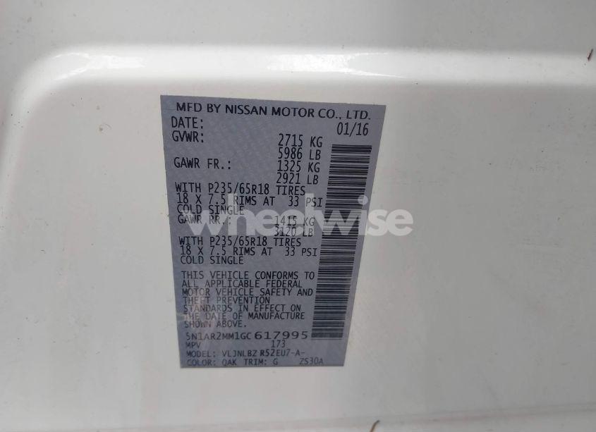 Photo 9 of 2016 Nissan Pathfinder PLATINUM/S/SL/SV (VIN 5N1AR2MM1GC617995)