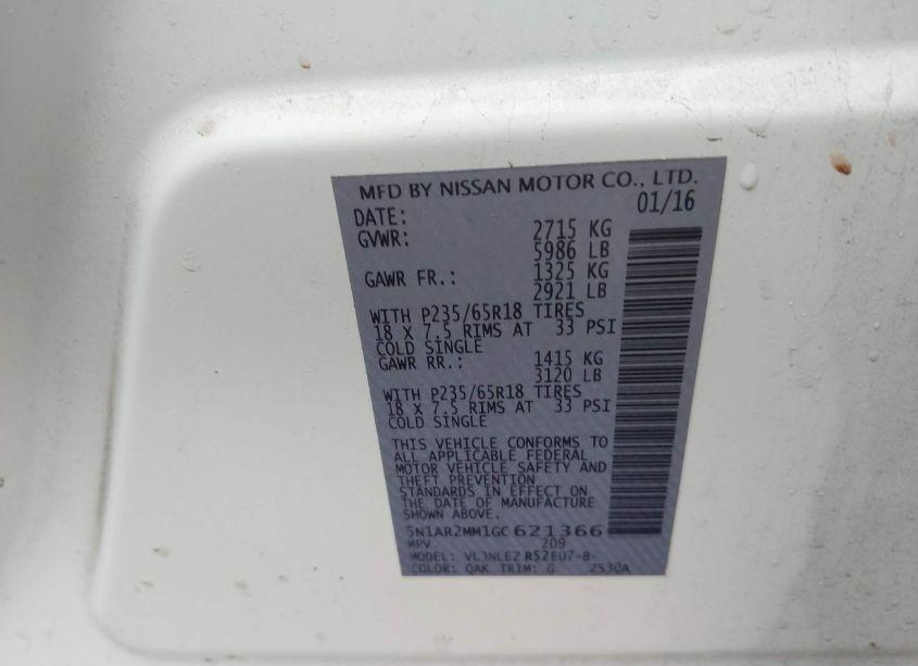 Photo 9 of 2016 Nissan Pathfinder PLATINUM/S/SL/SV (VIN 5N1AR2MM1GC621366)