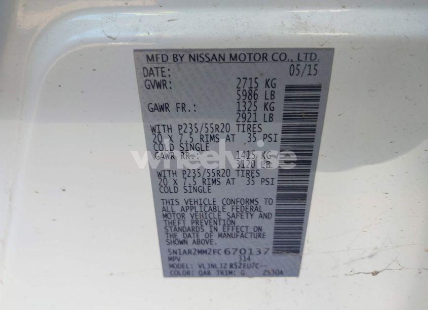 Photo 9 of 2015 Nissan Pathfinder PLATINUM/S/SL/SV (VIN 5N1AR2MM2FC670137)