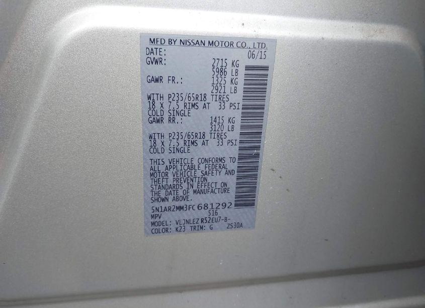 Photo 9 of 2015 Nissan Pathfinder PLATINUM/S/SL/SV (VIN 5N1AR2MM3FC681292)