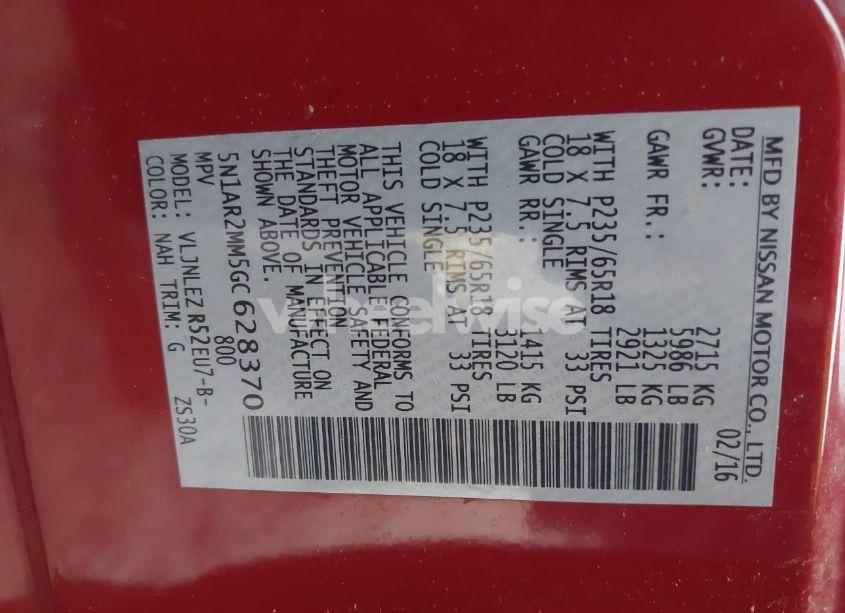 Photo 9 of 2016 Nissan Pathfinder PLATINUM/S/SL/SV (VIN 5N1AR2MM5GC628370)