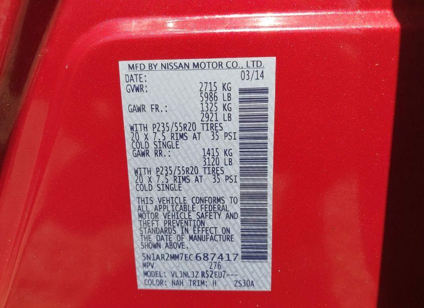 Photo 9 of 2014 Nissan Pathfinder PLATINUM (VIN 5N1AR2MM7EC687417)