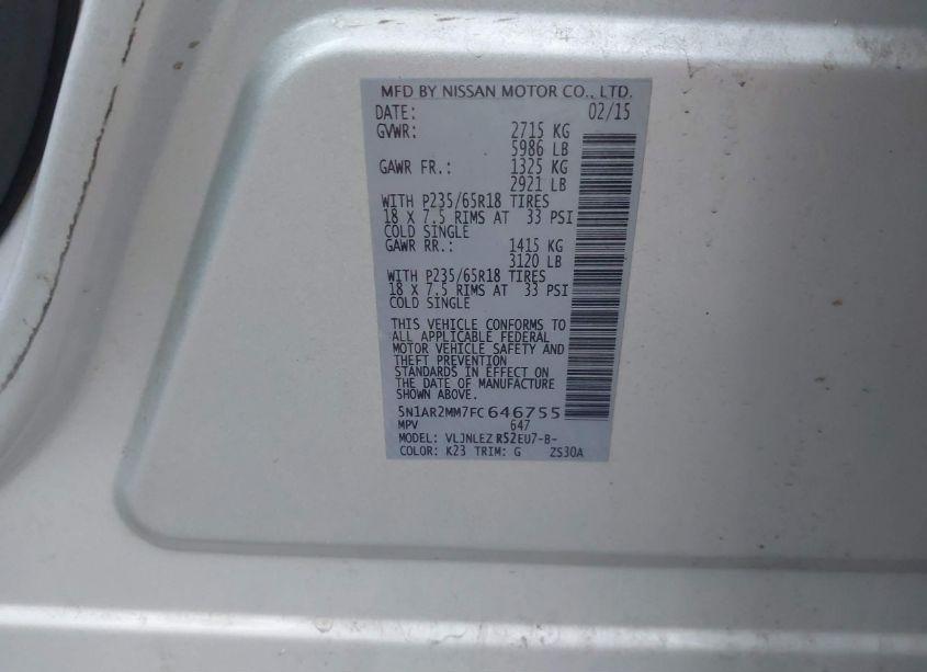 Photo 9 of 2015 Nissan Pathfinder PLATINUM/S/SL/SV (VIN 5N1AR2MM7FC646755)