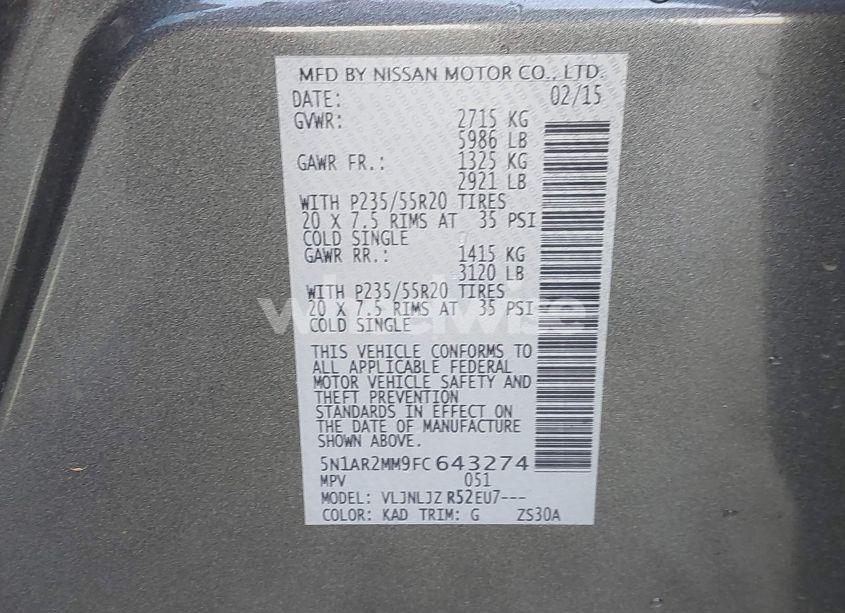 Photo 9 of 2015 Nissan Pathfinder PLATINUM (VIN 5N1AR2MM9FC643274)