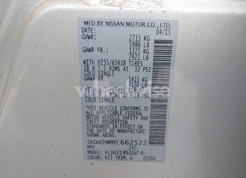 Photo 9 of 2015 Nissan Pathfinder PLATINUM/S/SL/SV (VIN 5N1AR2MM9FC662522)