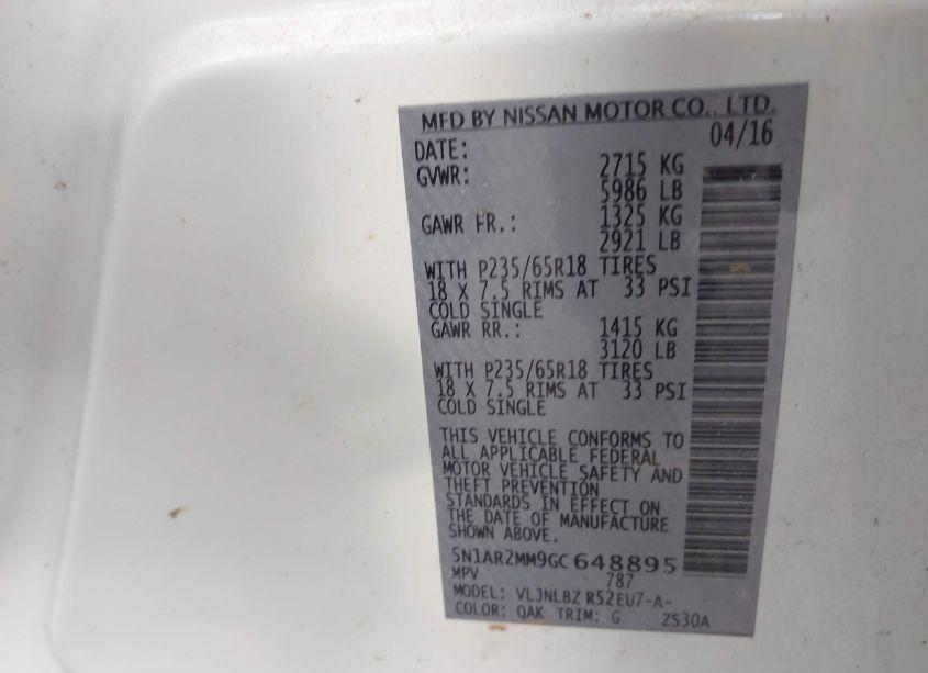 Photo 9 of 2016 Nissan Pathfinder PLATINUM/S/SL/SV (VIN 5N1AR2MM9GC648895)