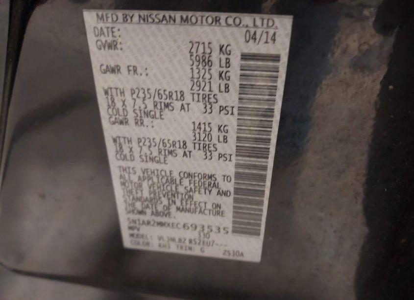 Photo 9 of 2014 Nissan Pathfinder PLATINUM/S/SL/SV (VIN 5N1AR2MMXEC693535)