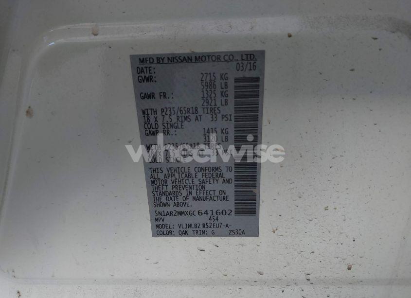 Photo 9 of 2016 Nissan Pathfinder PLATINUM/S/SL/SV (VIN 5N1AR2MMXGC641602)