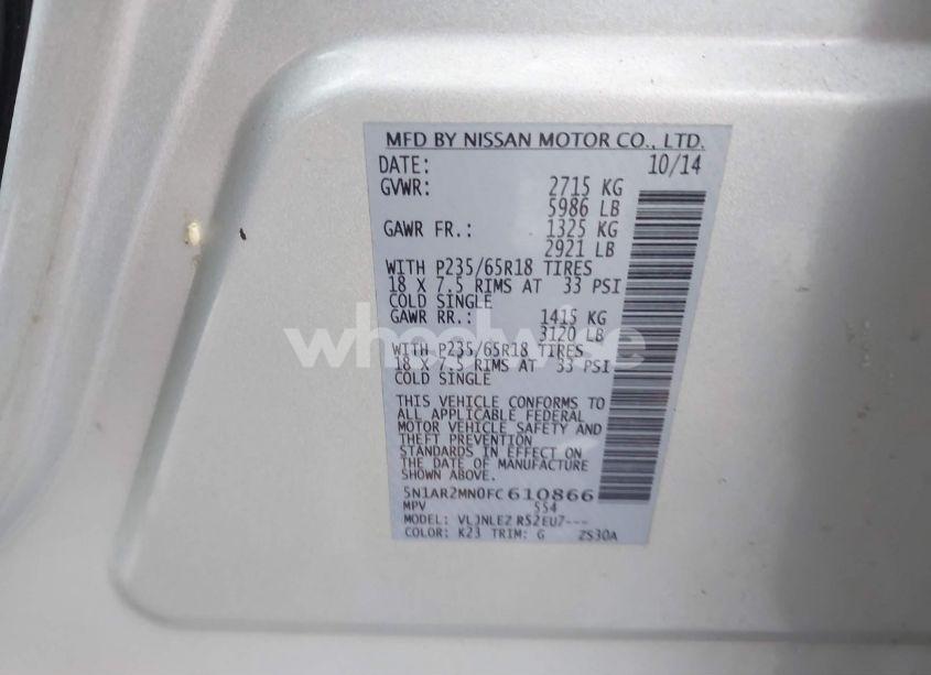 Photo 9 of 2015 Nissan Pathfinder PLATINUM/S/SL/SV (VIN 5N1AR2MN0FC610866)