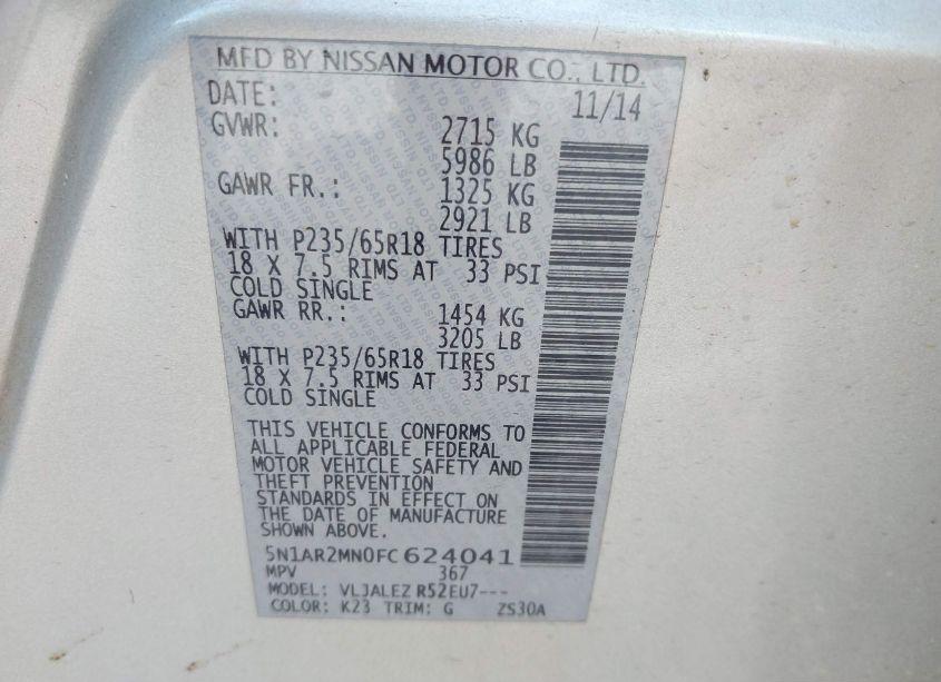 Photo 9 of 2015 Nissan Pathfinder SV (VIN 5N1AR2MN0FC624041)