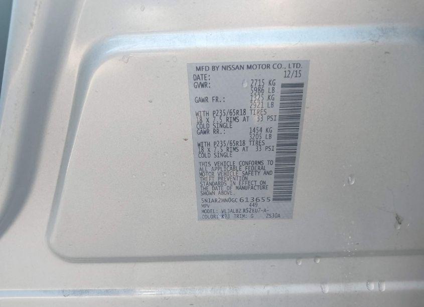 Photo 9 of 2016 Nissan Pathfinder PLATINUM/S/SL/SV (VIN 5N1AR2MN0GC613655)