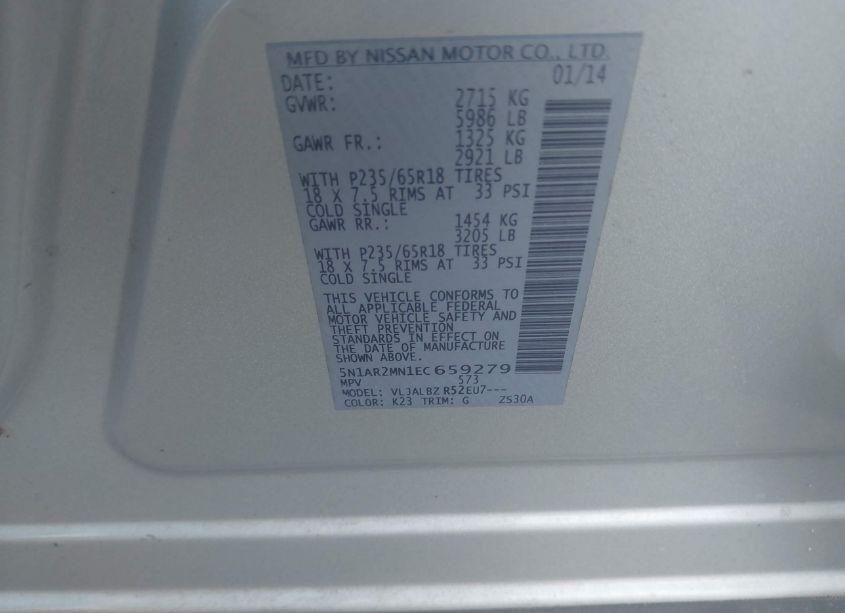 Photo 9 of 2014 Nissan Pathfinder PLATINUM/S/SL/SV (VIN 5N1AR2MN1EC659279)