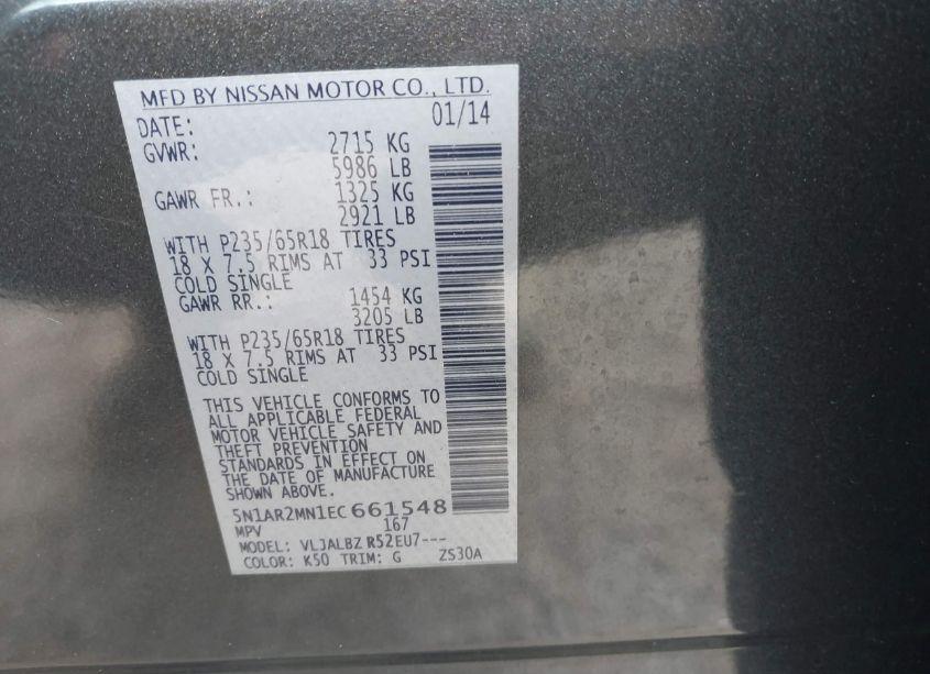 Photo 9 of 2014 Nissan Pathfinder PLATINUM/S/SL/SV (VIN 5N1AR2MN1EC661548)