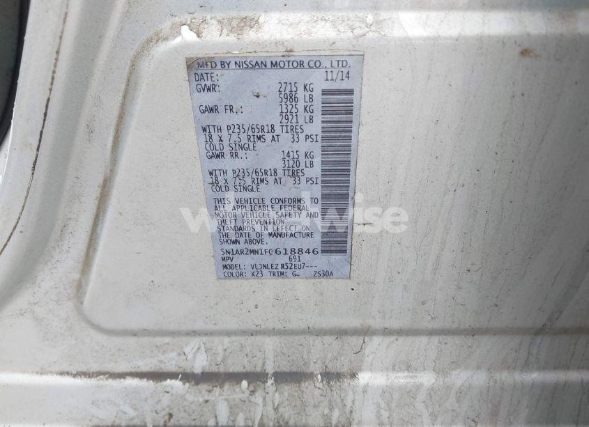 Photo 9 of 2015 Nissan Pathfinder PLATINUM/S/SL/SV (VIN 5N1AR2MN1FC618846)