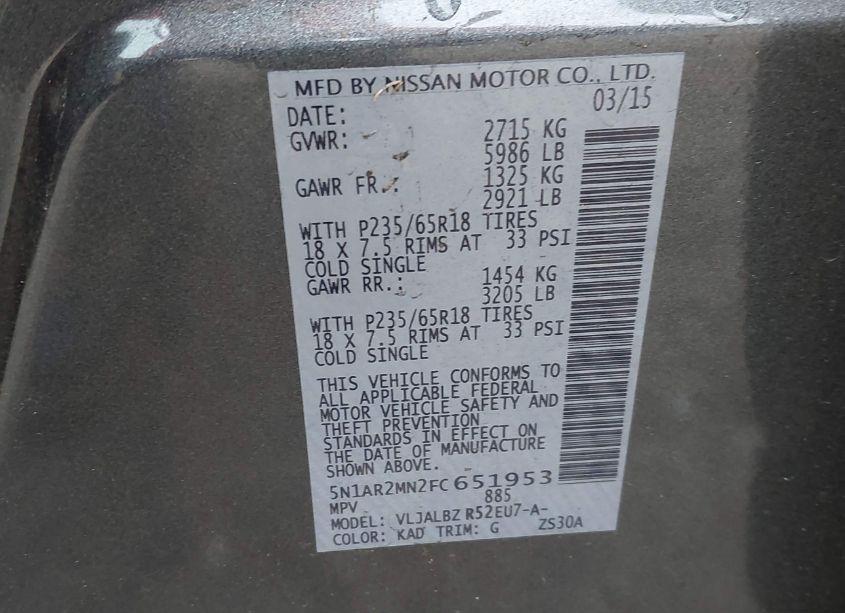 Photo 9 of 2015 Nissan Pathfinder S (VIN 5N1AR2MN2FC651953)