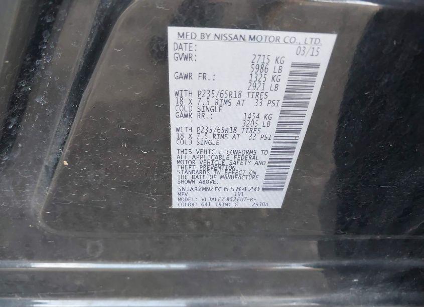 Photo 9 of 2015 Nissan Pathfinder PLATINUM/S/SL/SV (VIN 5N1AR2MN2FC658420)