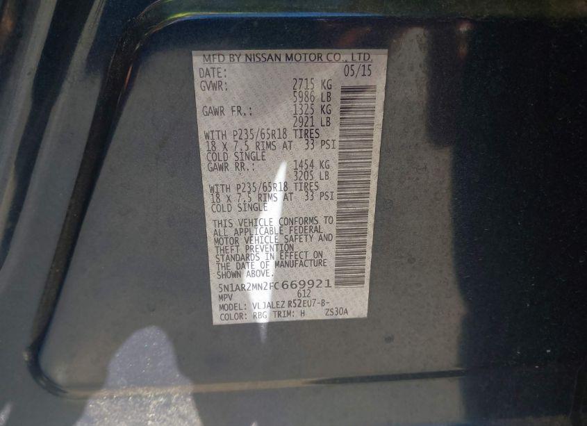 Photo 9 of 2015 Nissan Pathfinder PLATINUM/S/SL/SV (VIN 5N1AR2MN2FC669921)