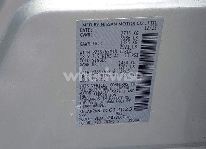 Photo 9 of 2016 Nissan Pathfinder PLATINUM/S/SL/SV (VIN 5N1AR2MN2GC612023)