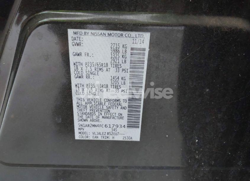 Photo 9 of 2015 Nissan Pathfinder PLATINUM/S/SL/SV (VIN 5N1AR2MN4FC617934)