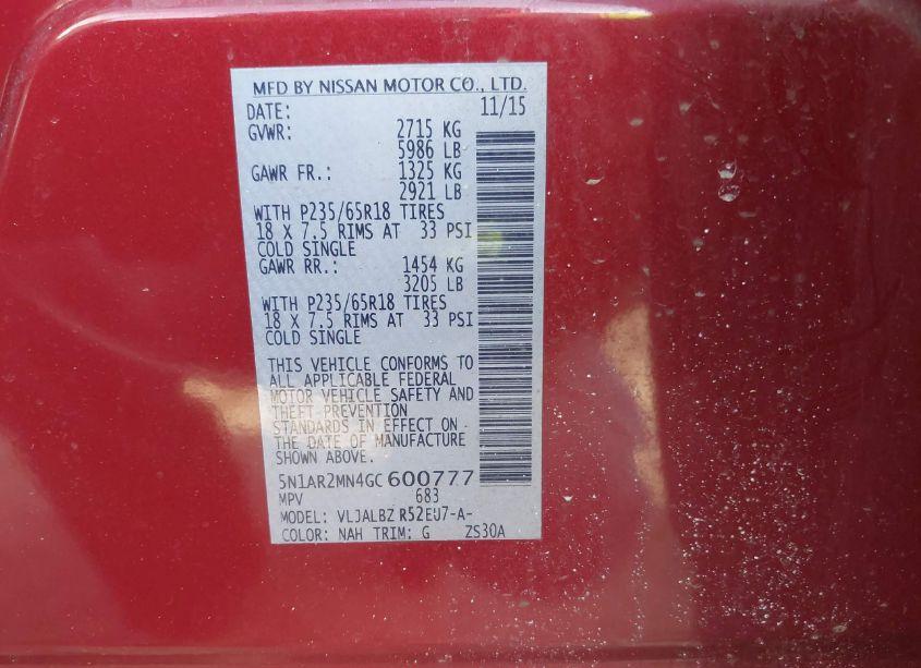 Photo 9 of 2016 Nissan Pathfinder PLATINUM/S/SL/SV (VIN 5N1AR2MN4GC600777)